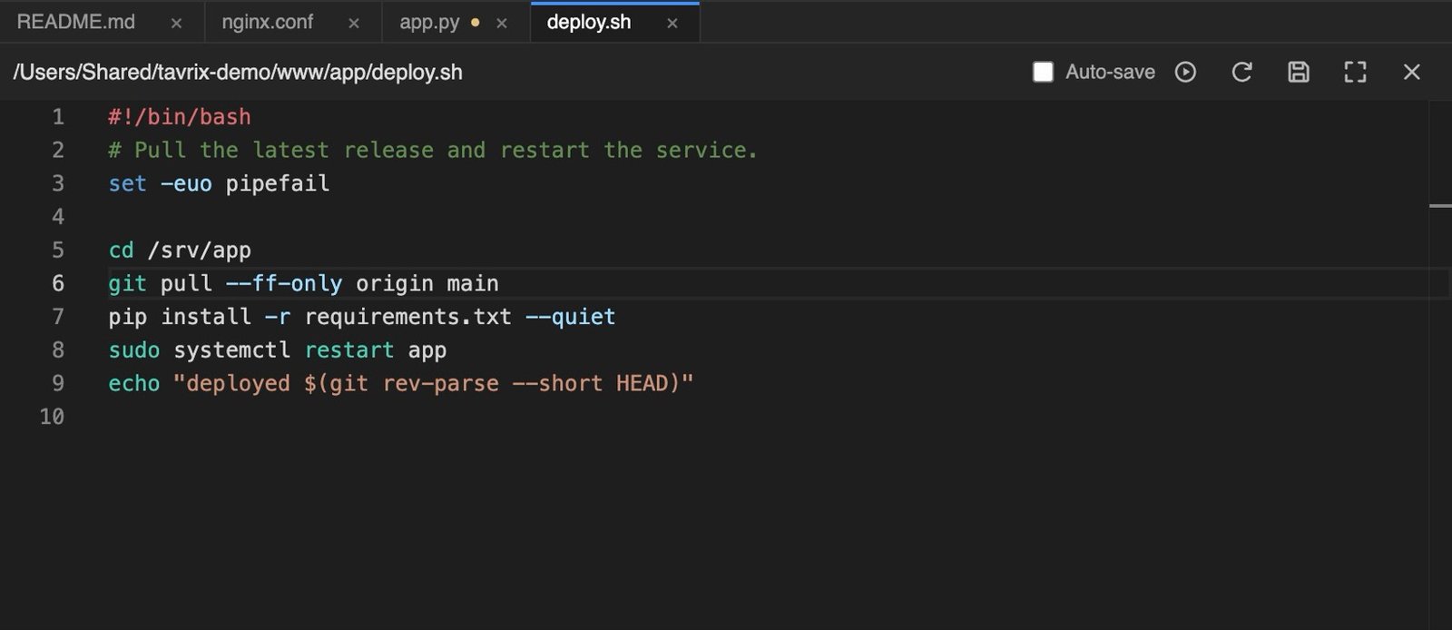 The editor with four open files, syntax highlighting and an unsaved-changes marker on one tab