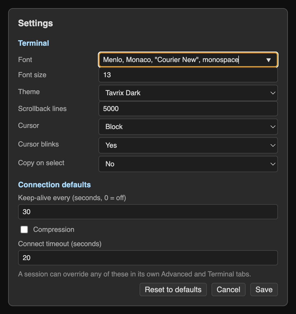 The Settings window: font, size, theme, scrollback, cursor and connection defaults